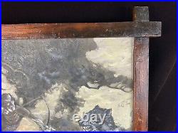 Antique Folk Art Painting Native American Subject Bear Hunting Signed