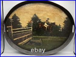 Antique Folk Art Painting Of Jockey And Horse Oil On Heavy Metal Tray Equestrian