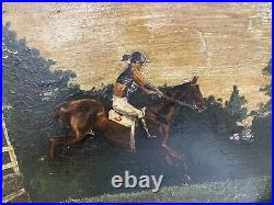 Antique Folk Art Painting Of Jockey And Horse Oil On Heavy Metal Tray Equestrian