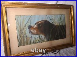 Antique Folk Art Pastel Painting Brown Labrador Hunting Dog in field Old Frame