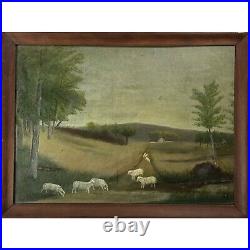 Antique Folk Art Pastoral Landscape with Sheep, Framed (Oil on Board)