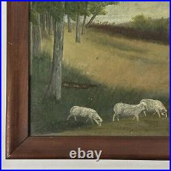 Antique Folk Art Pastoral Landscape with Sheep, Framed (Oil on Board)