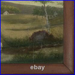 Antique Folk Art Pastoral Landscape with Sheep, Framed (Oil on Board)