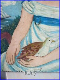 Antique Folk Art Portrait Oil Painting Girl & Bird on Wood Signed