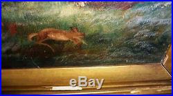 Antique Folk Art Primitive Dog Terrier & Mouse Oil On Canvas Painting