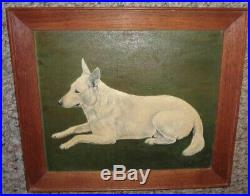 Antique Folk Art Primitive Dog White Shepherd Oil On Board Painting