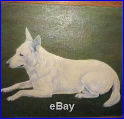 Antique Folk Art Primitive Dog White Shepherd Oil On Board Painting