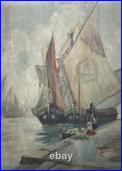 Antique Folk Art Primitive Nautical Ship Habor Seascape Victorian Oil Painting