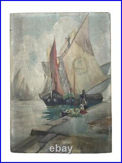 Antique Folk Art Primitive Nautical Ship Habor Seascape Victorian Oil Painting