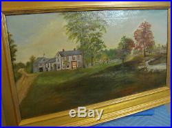 Antique Folk Art Primitive O/C Painting Landscape withEarly House in New England