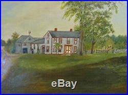 Antique Folk Art Primitive O/C Painting Landscape withEarly House in New England