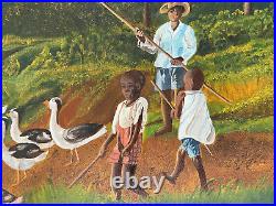 Antique Folk Art Primitive Oil Painting A farmer and children with gooses