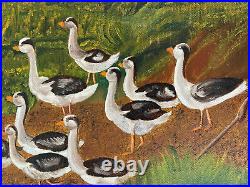 Antique Folk Art Primitive Oil Painting A farmer and children with gooses