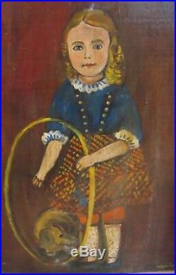Antique Folk Art Primitive Oil Painting Of A Girl With A Dog On Wood Panel
