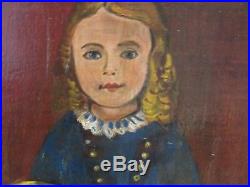 Antique Folk Art Primitive Oil Painting Of A Girl With A Dog On Wood Panel