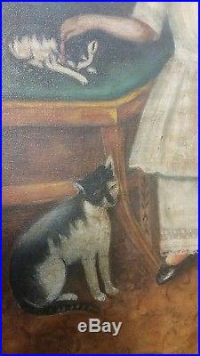 Antique Folk Art Primitive Portrait Oil Painting Young Girl & Cats, Gilded Frame