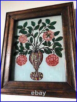 Antique Folk Art Reverse Glass Foil Painting Of Flowers