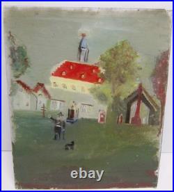 Antique Folk Art Reverse Painting on Glass Man Dog Church Grandma Moses Style