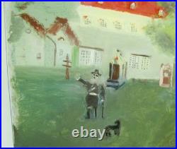 Antique Folk Art Reverse Painting on Glass Man Dog Church Grandma Moses Style