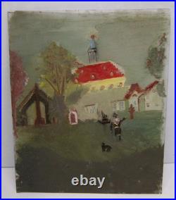 Antique Folk Art Reverse Painting on Glass Man Dog Church Grandma Moses Style