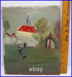 Antique Folk Art Reverse Painting on Glass Man Dog Church Grandma Moses Style