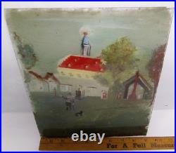 Antique Folk Art Reverse Painting on Glass Man Dog Church Grandma Moses Style
