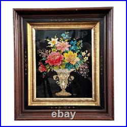 Antique Folk Art Reverse Tinsel Painting of Flower Bouquet in Urn, Gilt Framed