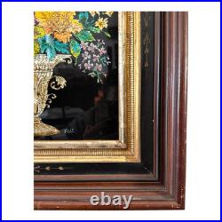 Antique Folk Art Reverse Tinsel Painting of Flower Bouquet in Urn, Gilt Framed