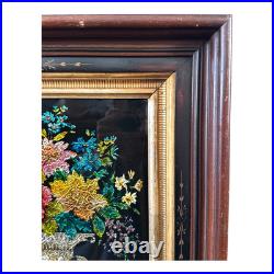 Antique Folk Art Reverse Tinsel Painting of Flower Bouquet in Urn, Gilt Framed