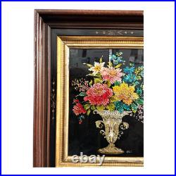 Antique Folk Art Reverse Tinsel Painting of Flower Bouquet in Urn, Gilt Framed