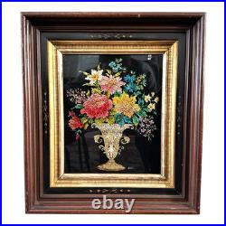 Antique Folk Art Reverse Tinsel Painting of Flower Bouquet in Urn, Gilt Framed