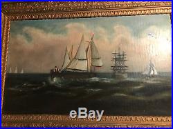 Antique Folk Art Sailing Boats Scene Oil On Board Painting- Framed