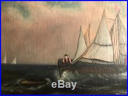 Antique Folk Art Sailing Boats Scene Oil On Board Painting- Framed
