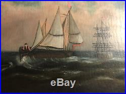 Antique Folk Art Sailing Boats Scene Oil On Board Painting- Framed