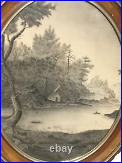 Antique Folk Art Sandpaper Painting Coastal Lake Scene Oval Frame