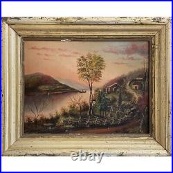 Antique Folk Art Sunset Riverscape in Gilt Frame (Oil on Board)