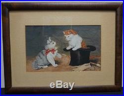 Antique Folk Art Watercolor Kitten Cat Painting Cabin Early 20th C Signed