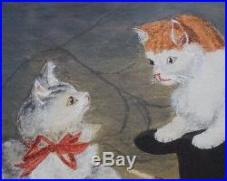 Antique Folk Art Watercolor Kitten Cat Painting Cabin Early 20th C Signed