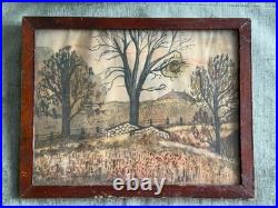 Antique Folk Art Watercolor Painting New Franklin Bridge Chambersburg Pa Penn