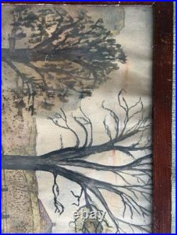 Antique Folk Art Watercolor Painting New Franklin Bridge Chambersburg Pa Penn