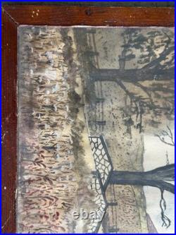 Antique Folk Art Watercolor Painting New Franklin Bridge Chambersburg Pa Penn