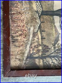 Antique Folk Art Watercolor Painting New Franklin Bridge Chambersburg Pa Penn