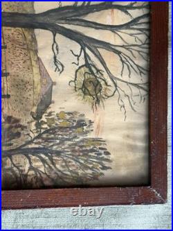 Antique Folk Art Watercolor Painting New Franklin Bridge Chambersburg Pa Penn