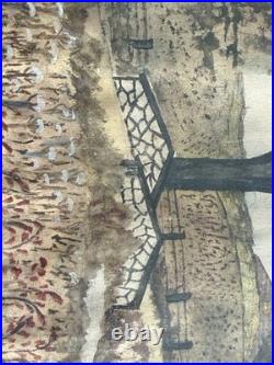 Antique Folk Art Watercolor Painting New Franklin Bridge Chambersburg Pa Penn