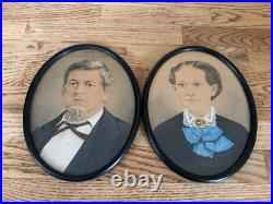 Antique Folk Art Watercolor and Gouache Portrait Paintings of a Couple