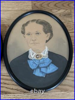 Antique Folk Art Watercolor and Gouache Portrait Paintings of a Couple