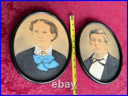 Antique Folk Art Watercolor and Gouache Portrait Paintings of a Couple