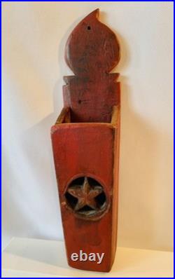 Antique Folk Art Wood Candle Box Old Red Paint Wall Pocket Flame Star 13.5 Tall Antique Folk Art Wood Candle Box Old Red Paint Wall Pocket Flame Star 13.5 Tall