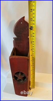 Antique Folk Art Wood Candle Box Old Red Paint Wall Pocket Flame Star 13.5 Tall Antique Folk Art Wood Candle Box Old Red Paint Wall Pocket Flame Star 13.5 Tall