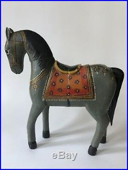 Antique Folk Art Wooden Horse Hand Painted Wood Figurine Handmade Gray Vintage